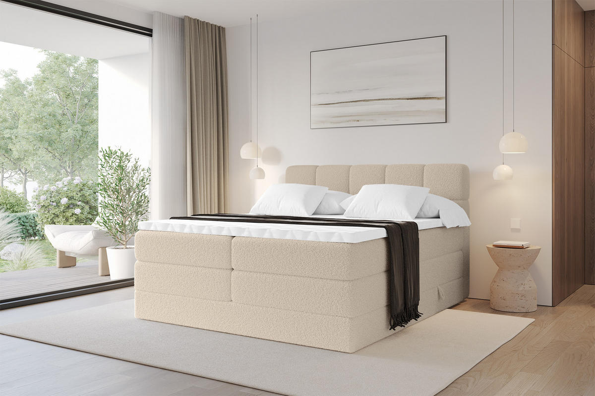 BOXBETT mit Matratze H3/H4 - FAMA KING - 180x200 cm Dunkelbeige Quelle - Creme, Holzwerkstoff (180/200cm) - ALTDECOR