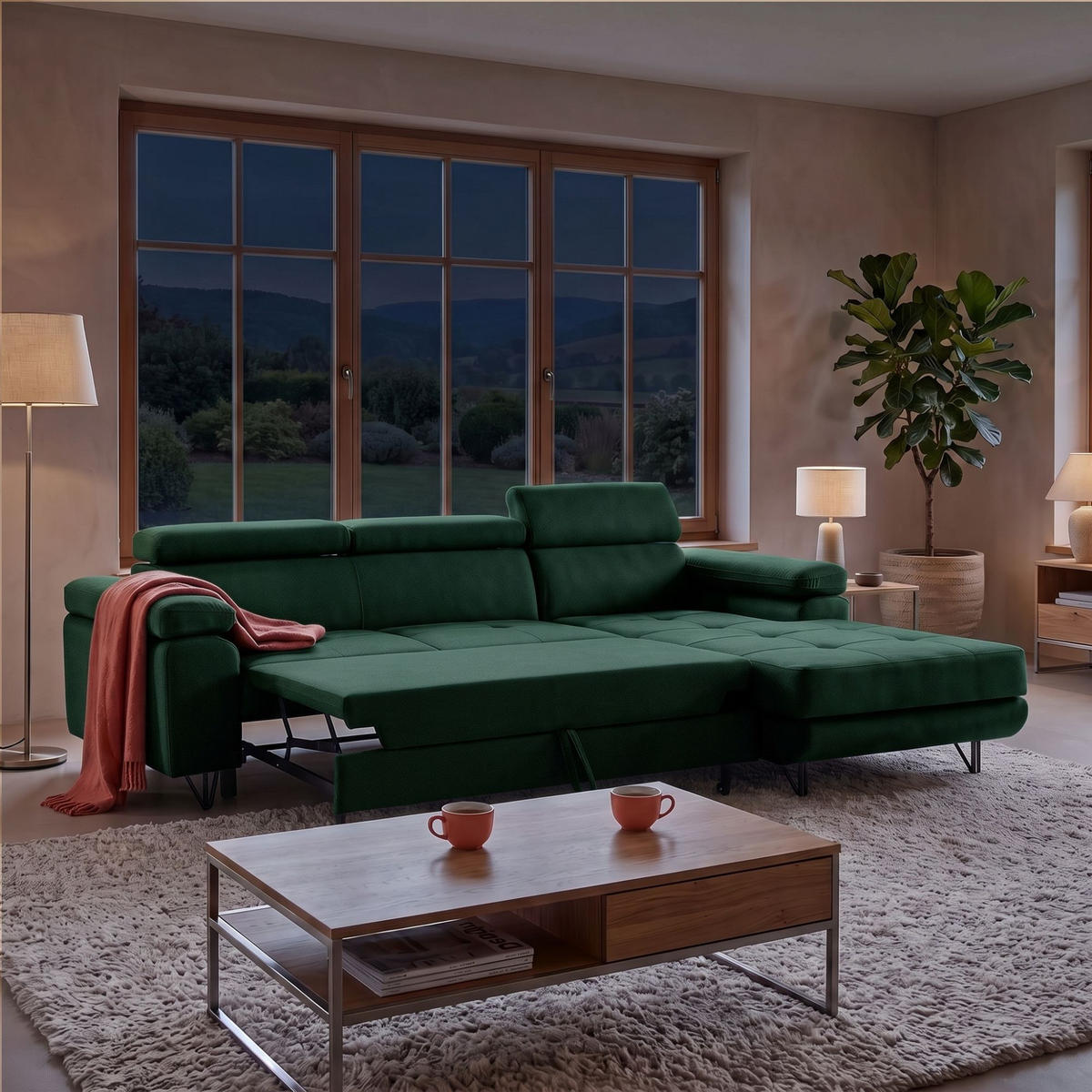 ECKSOFA NORIS L Rechts mit Schlaffunktion 128x203 Velours Dunkelgrün - Dunkelgrün/Schwarz, Holz/Textil (183/250cm) - Muffo
