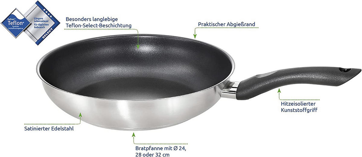PFANNE Alfons, Edelstahl, Induktion, Antihaftbeschichtung, 28 cm - Edelstahlfarben, Kunststoff/Metall (28cm) - KOPF