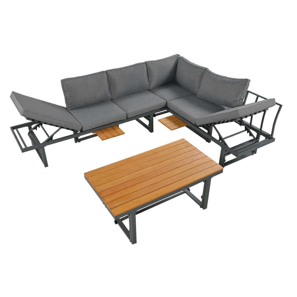 LOUNGEGARNITUR 3-teiliges Gartenmöbel-Set VERSTELLBARE RÜCKENLEHNE HÖHENVERSTELLBARER TISCH Akazienholz Grau für Terrasse - Grau, Metall - Rolipo