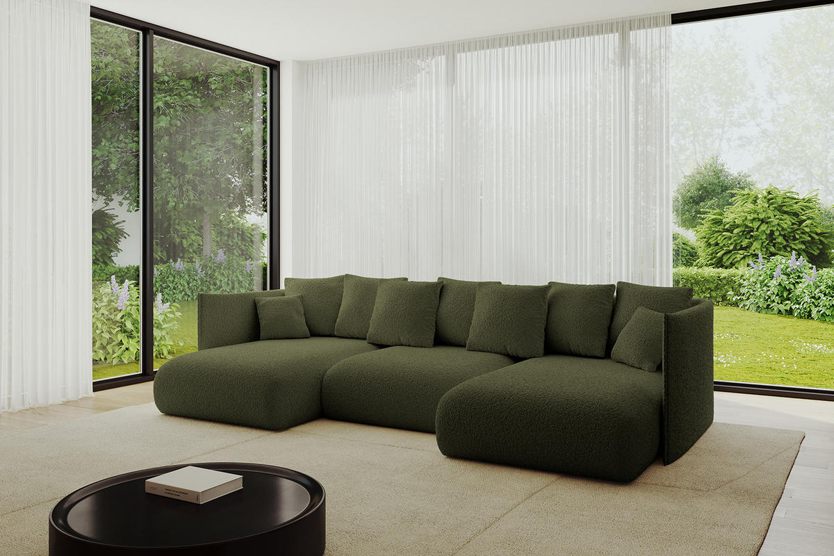 WOHNLANDSCHAFT mit Schlaffunktion und Bettkasten ONESK-U 304x165x40 Grün Bouclé - Grün, Holzwerkstoff/Kunststoff (304/90/165cm) - ALTDECOR
