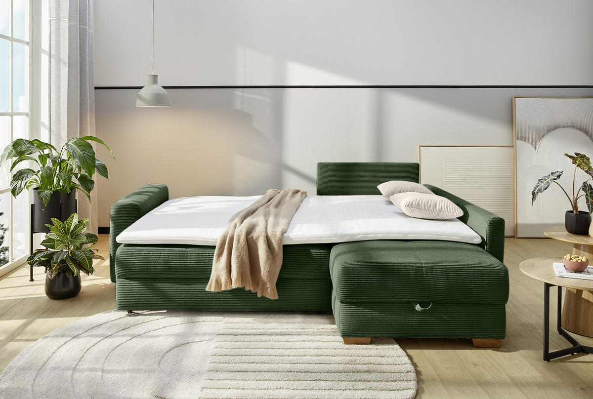 ECKSOFA-DAUERSCHLÄFER Boxspring Federkern Topper Bettkasten, seitenverkehrt montierbar B257/T206/H85 cm, Cord Grün / 15213 - Eichefarben/Grün, Holz/Textil (257/206cm) - luma-home