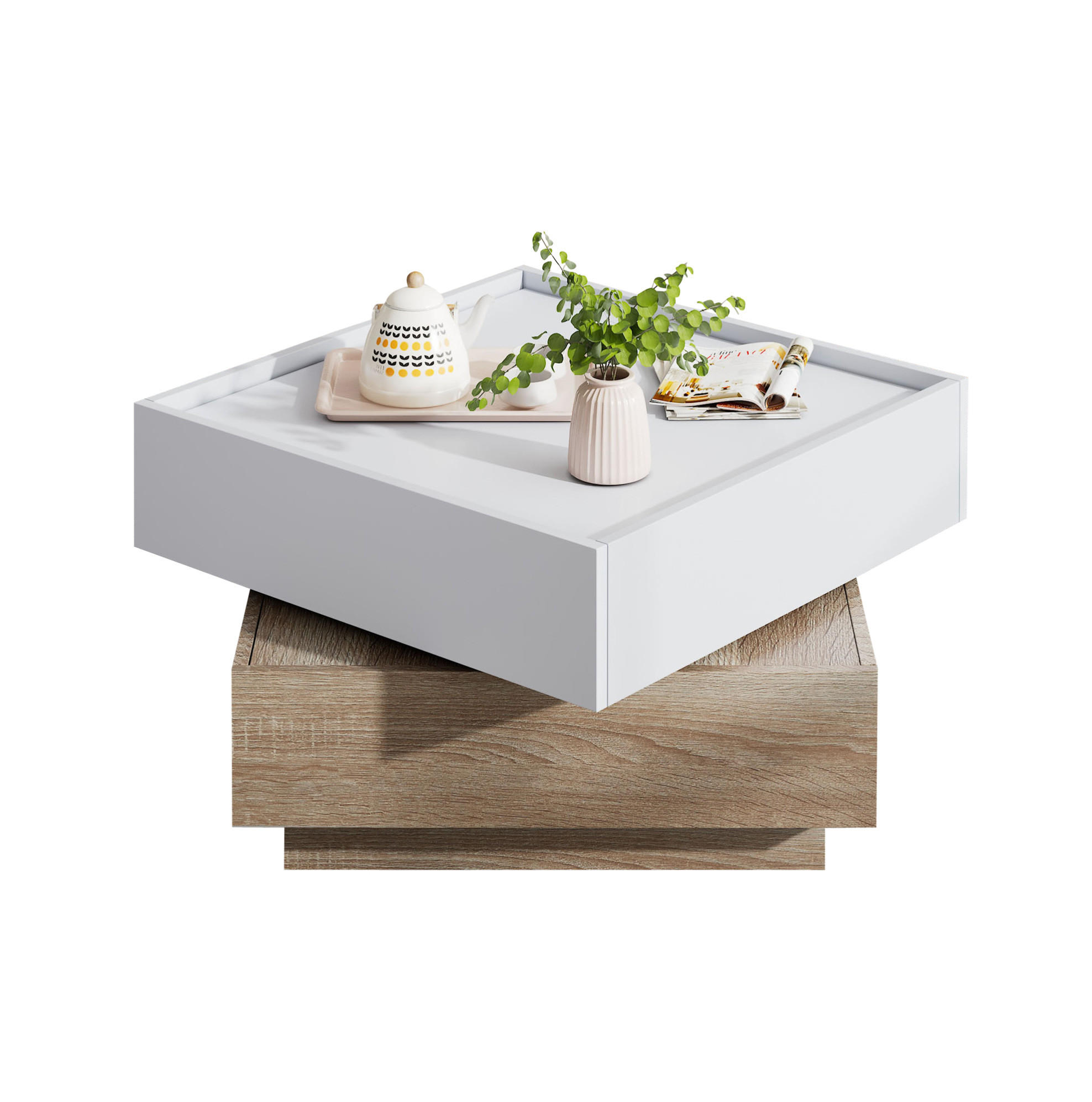 KONFERENČNÝ stolík 60/60/38 cm orech/biela s otočnou doskou a zásuvkami - biela, kompozitné drevo (60/60/38cm) - Flora Grace