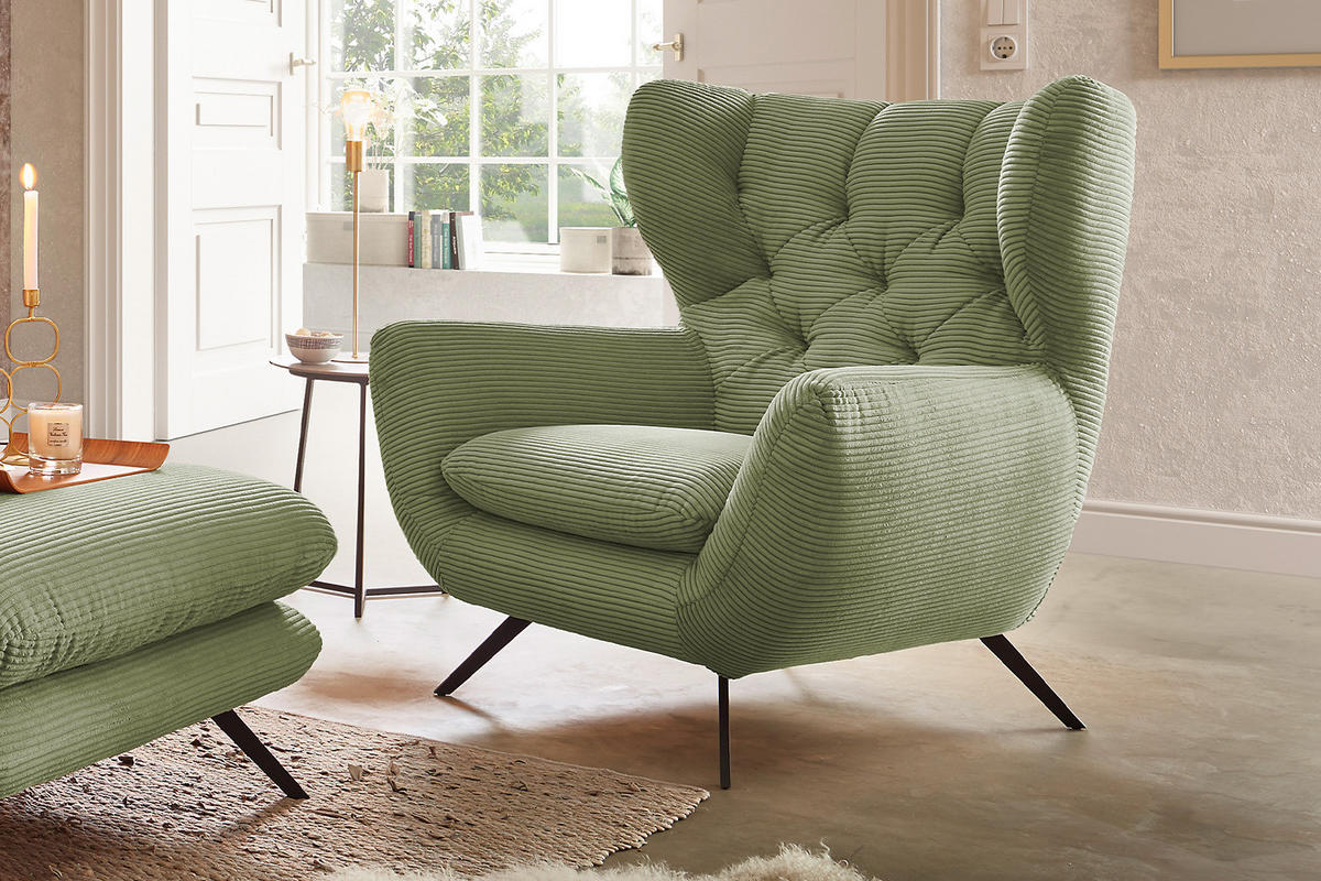 SESSEL CHARME Grün Cord - Schwarz/Grün, Textil/Metall (100/106/95cm) - KAWOLA