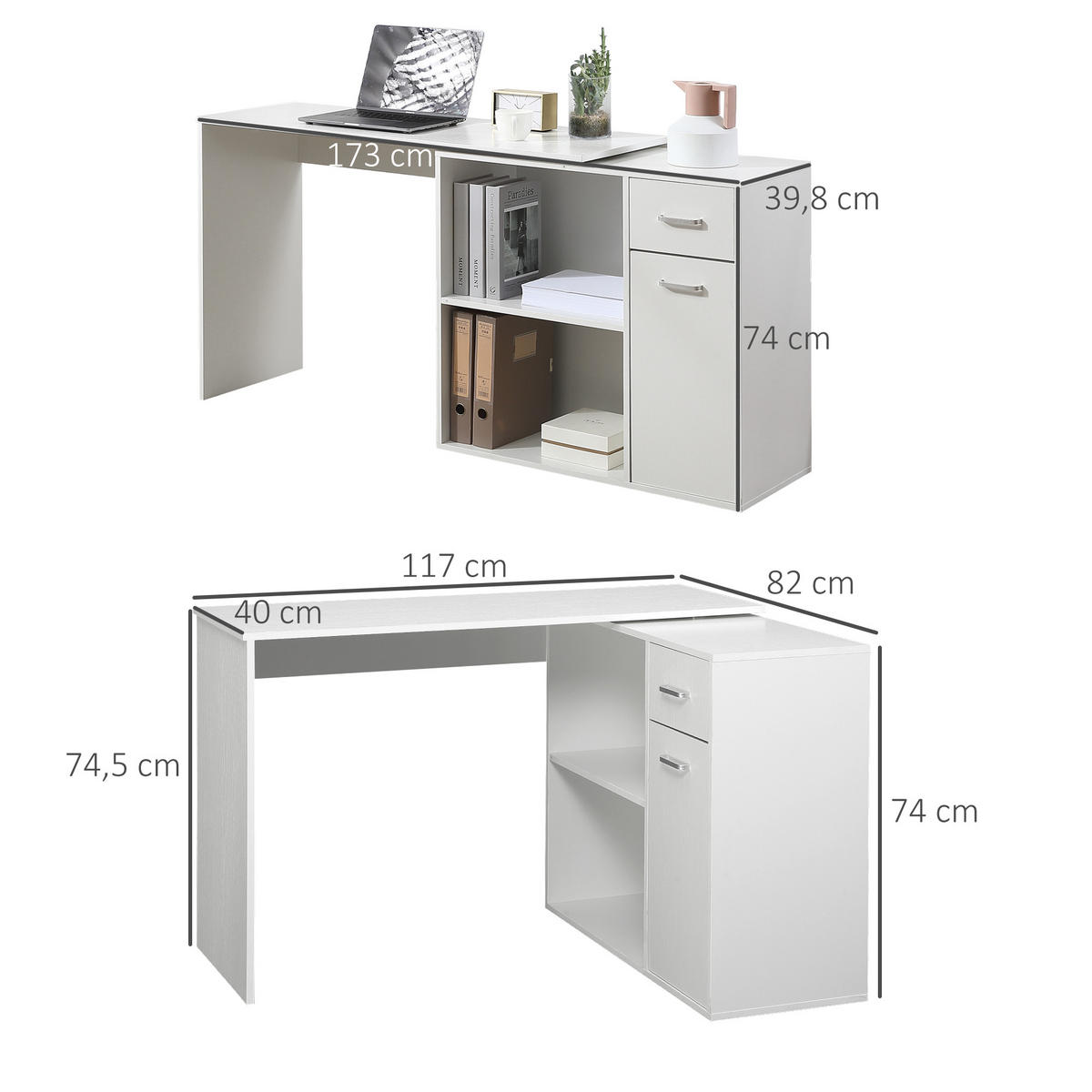 ECKSCHREIBTISCH Weiß drehbar mit Schublade und Schrank 117/82/74 cm - Weiß, Holzwerkstoff (82/117/74cm) - PANGIVO