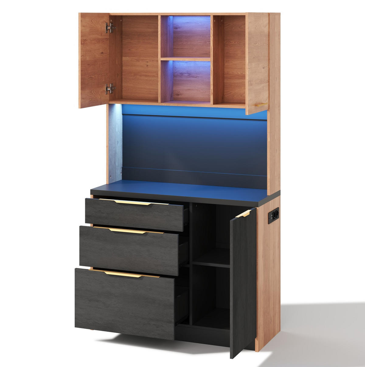 BUFFET aus MDF 100x40x180 cm Neutral mit LED-Beleuchtung, Steckdose und viel Stauraum - Naturfarben, Holzwerkstoff (100/180/40cm) - Modfu