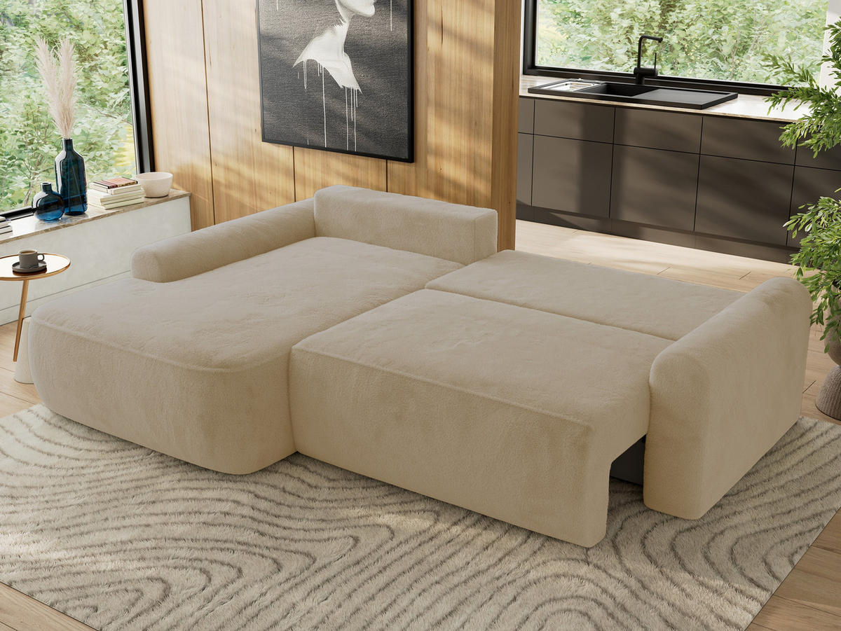 ECKSCHLAFSOFA CUBO L Creme Plüsch - links - Creme/Schwarz, Kunststoff/Textil (273/187cm) - MKS