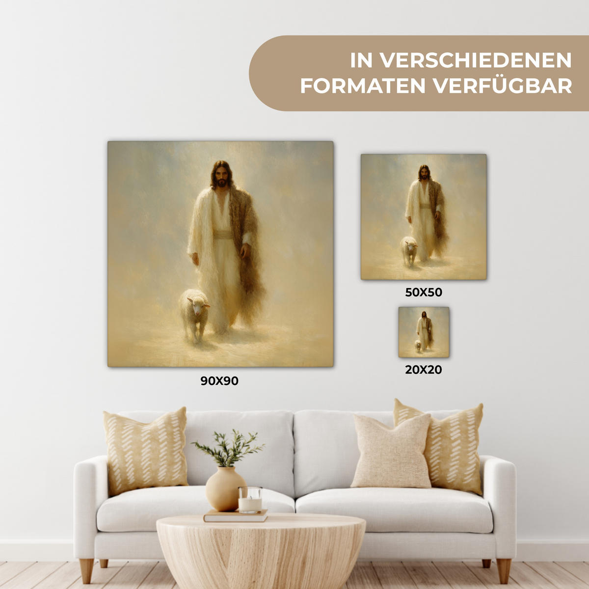 LEINWANDBILD Schaf - Jesus - Pinselstriche - Abstrakt Wandbild Wohnzimmer 50x50 cm - Sandfarben, Textil (50/50cm) - MuchoWow