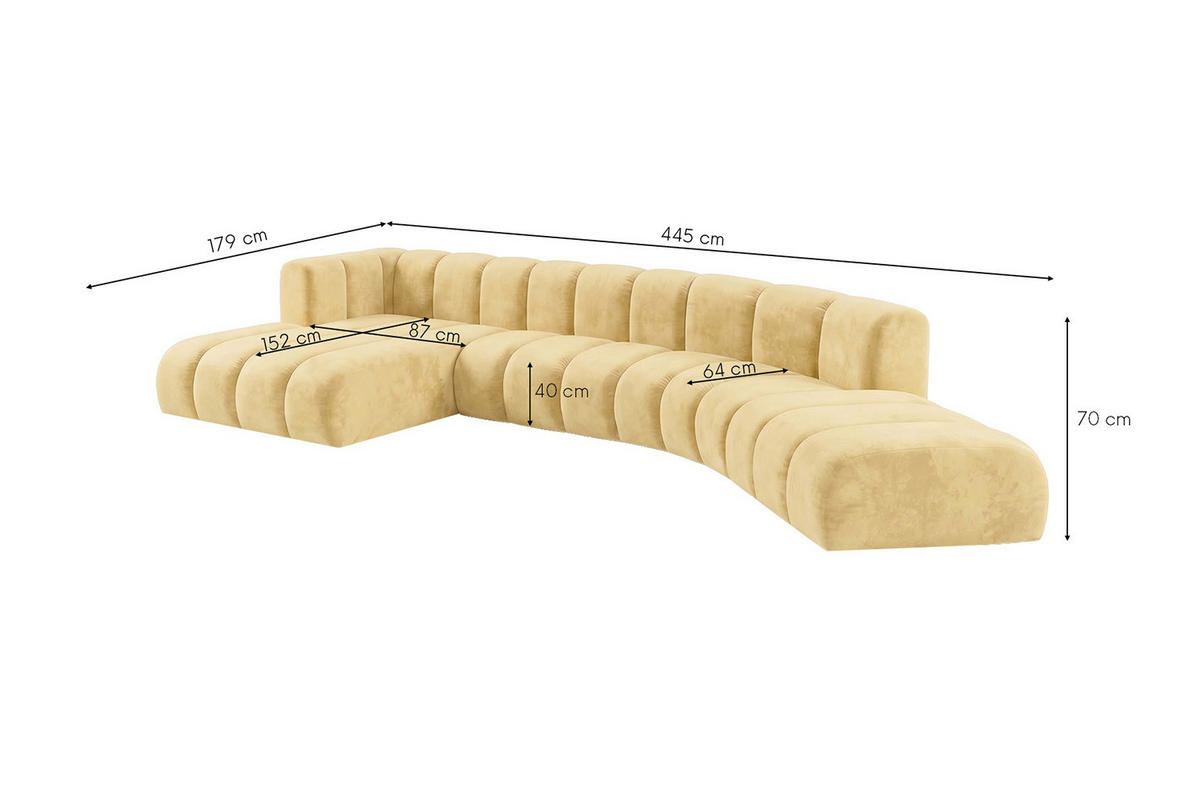 ECKSOFA Modulares In L-Form, Velvet-Stoff Riviera, Buttergelb, Links, GRAND Round - Hellgelb, Holz (445/179cm) - Kaiser Möbel