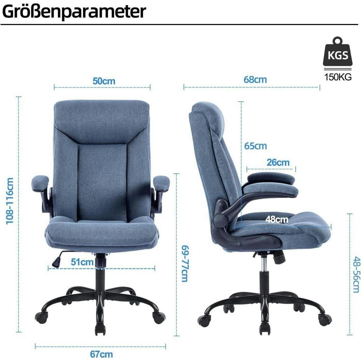 BÜROSTUHL mit hochklappbarer Armlehne Stoff Blau - Blau, Textil (68/113/70cm)