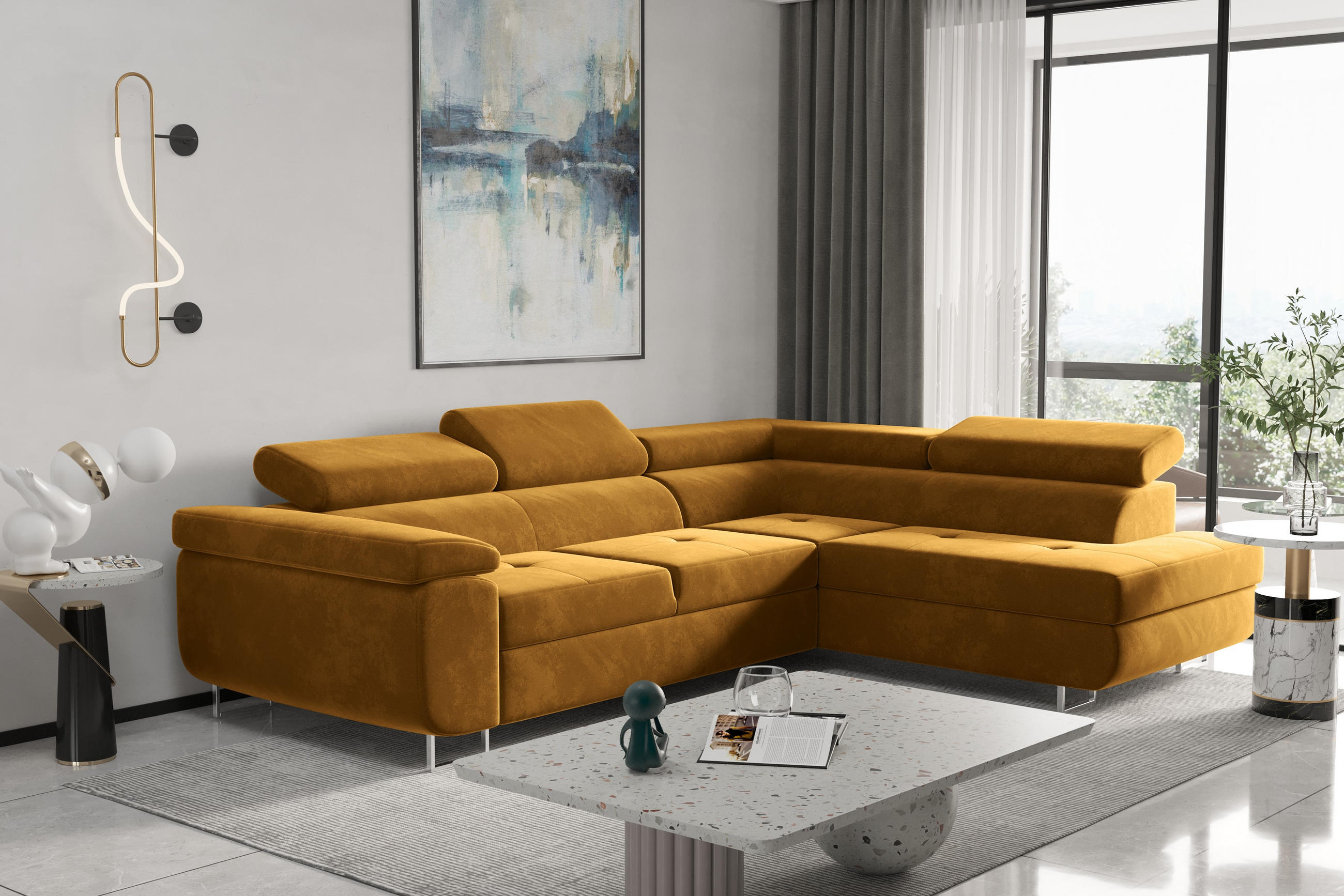 ECKSOFA mit Schlaffunktion und Bettkasten ATOM Senffarbe Rechts - Gelb, Holz/Textil (275/202cm) - Kaiser Möbel