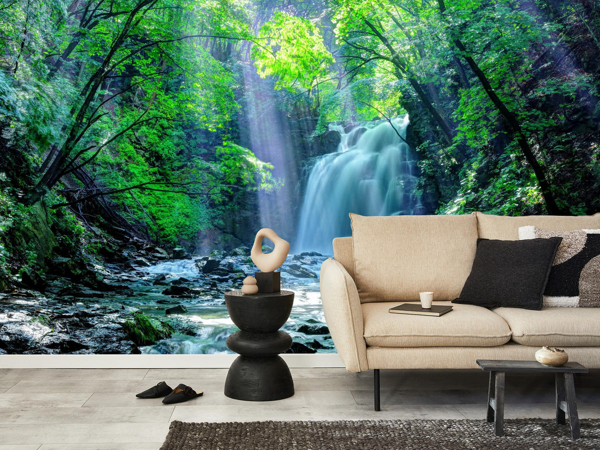 FOTOTAPETE für Schlafzimmer Wasserfall Wald Felsen Bäume Pflanzen 500x350 - Türkis/Blau, Papier (500/350cm) - Muralo