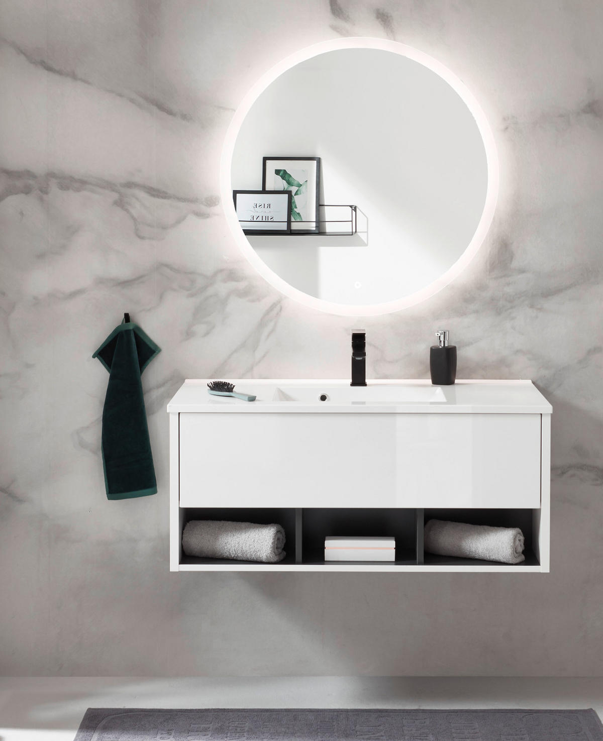 BADMÖBEL-SET weiß Hochglanz, grau, Kombination mit Waschbecken und LED Beleuchtung 100 cm - Weiß Hochglanz/Grau, Glas/Holzwerkstoff (100/190/47cm) - Furn.Design