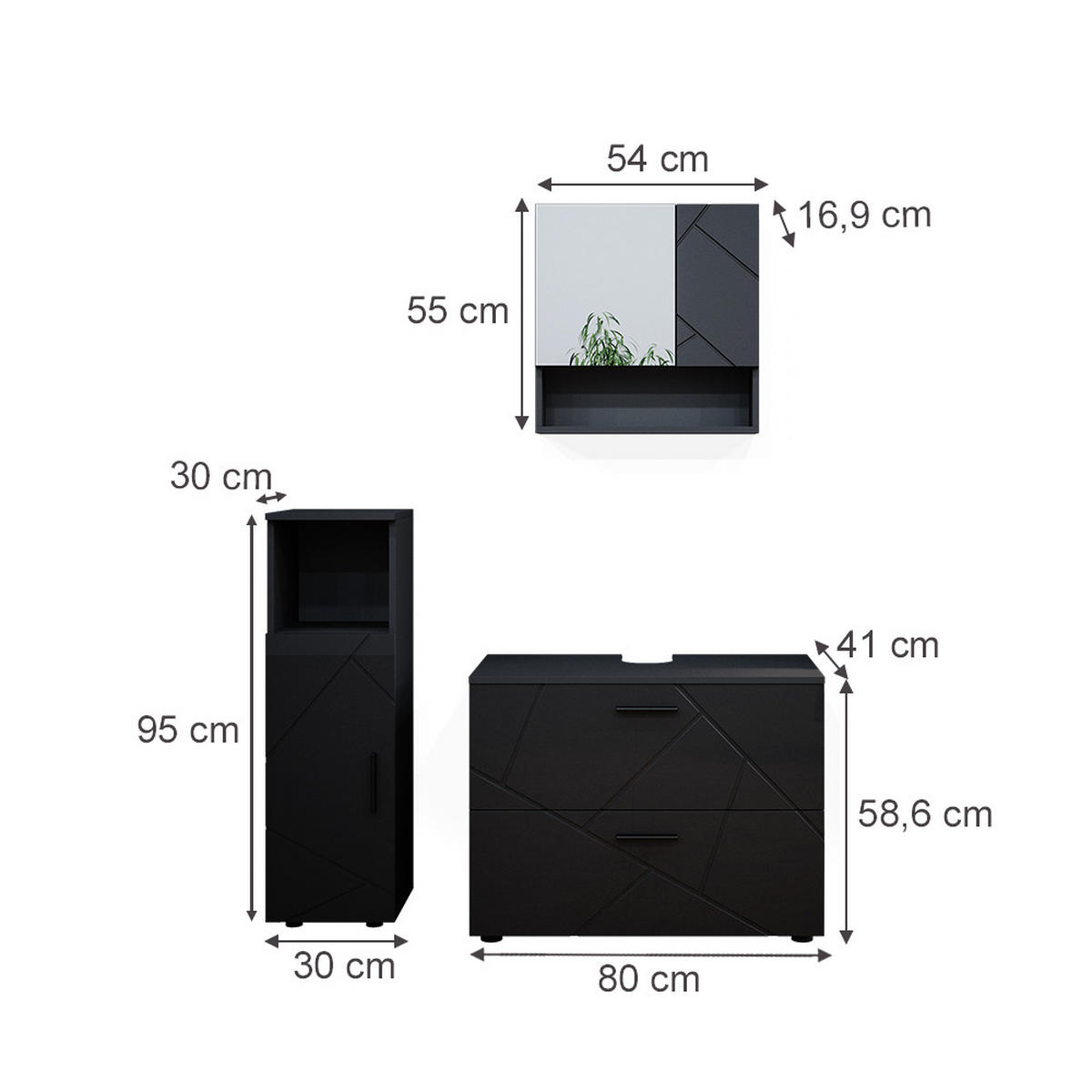 BADMÖBEL-SET Irma Anthrazit Hochglanz 3 Teile, mit Midischrank - Schwarz Hochglanz/Anthrazit, Holzwerkstoff (80/58.6/41cm) - Vicco
