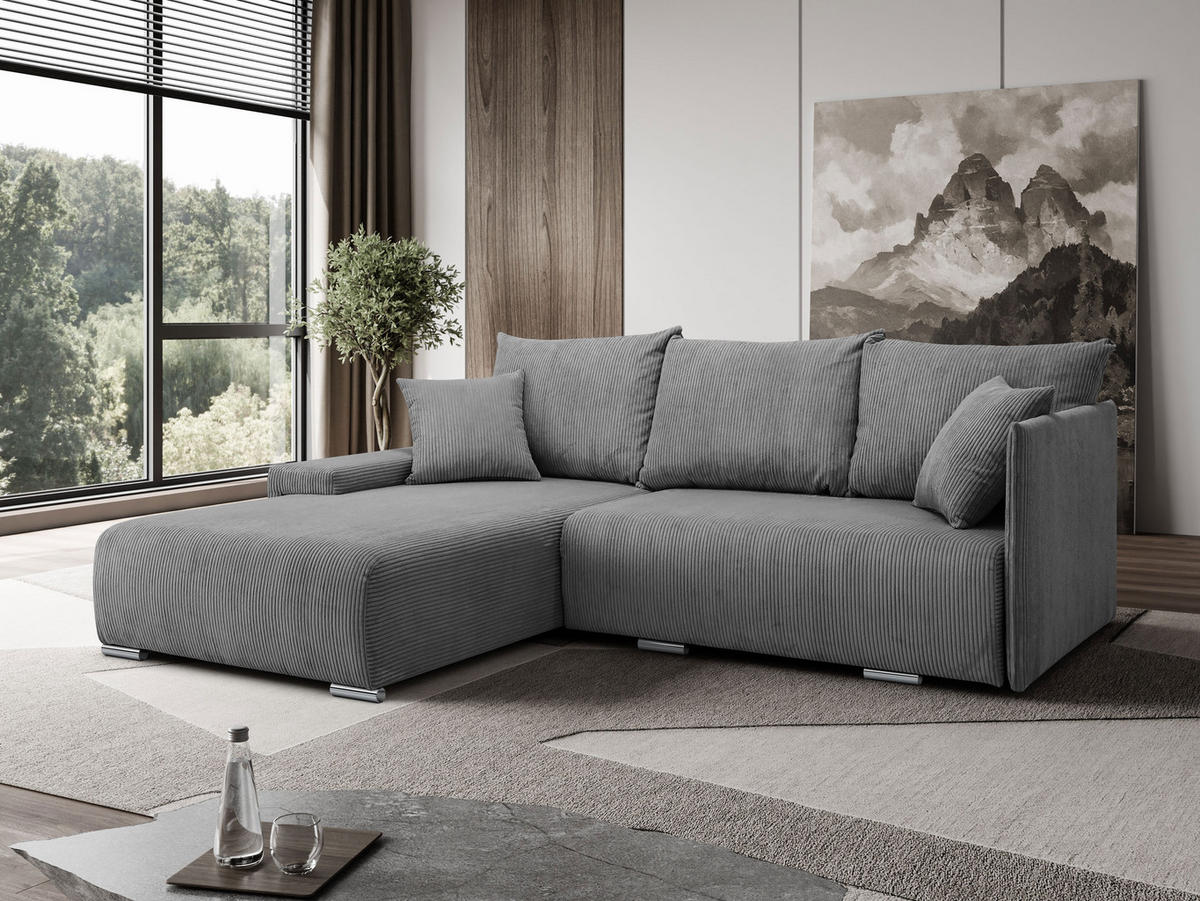 ECKSOFA Lauren L- Form 246 x 188 cm, 4 Sitzer, Bettzeugablage, Sofa, Eckcouch, Cord, linke Seite, grau - Grau, Kunststoff (188/246cm) - Margaret Hadas24