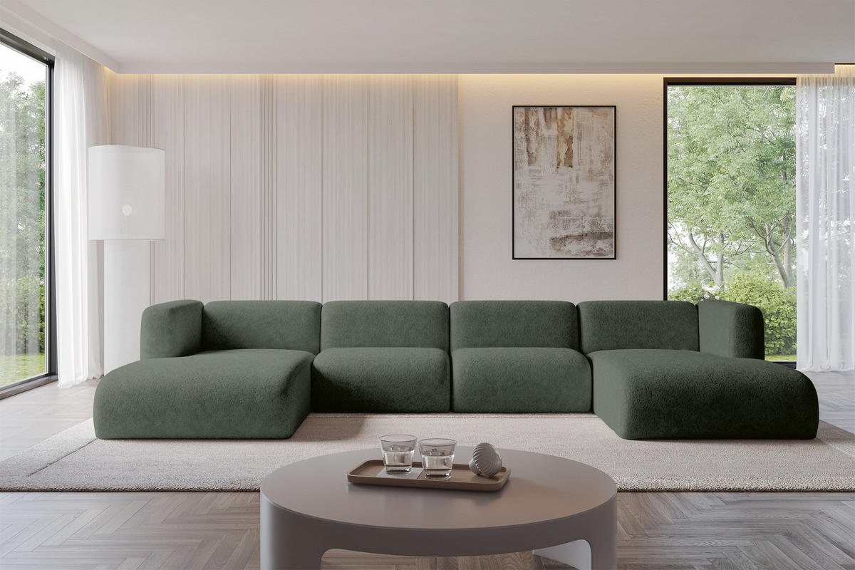 WOHNLANDSCHAFT MIRA-U2 408x179x70 Grün Velours - Schwarz/Grün, Holzwerkstoff/Kunststoff (408/70/179cm) - ALTDECOR