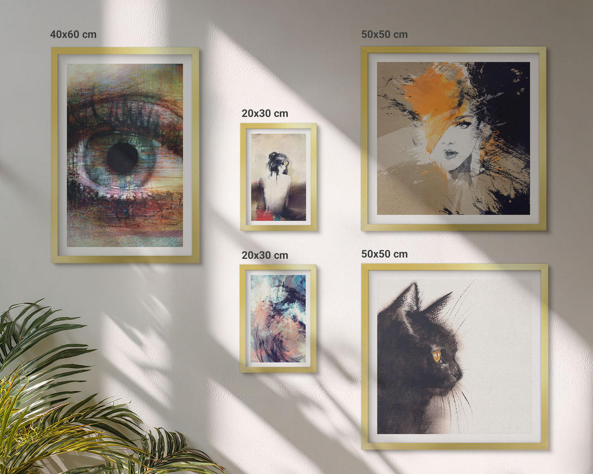 WANDBILDER 5er Set - 50x50 cm & 20x30 cm & 40x60 cm Goldrahmen - Gelbgrau-braune Wellen - Goldfarben, Kunststoff (40/60cm) - ArtPrintCave