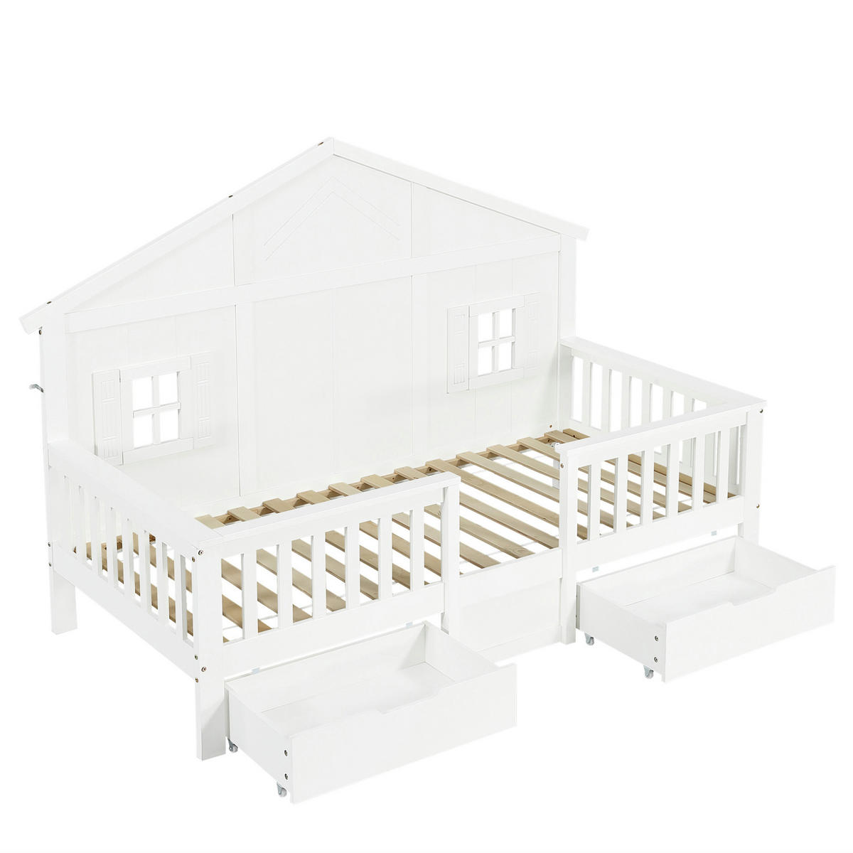KINDERBETT 90/200 cm mit 2 Schubladen, Dach und Fenstern aus Kiefer/MDF, Weiß - Weiß, Holz (90/200cm) - Redom