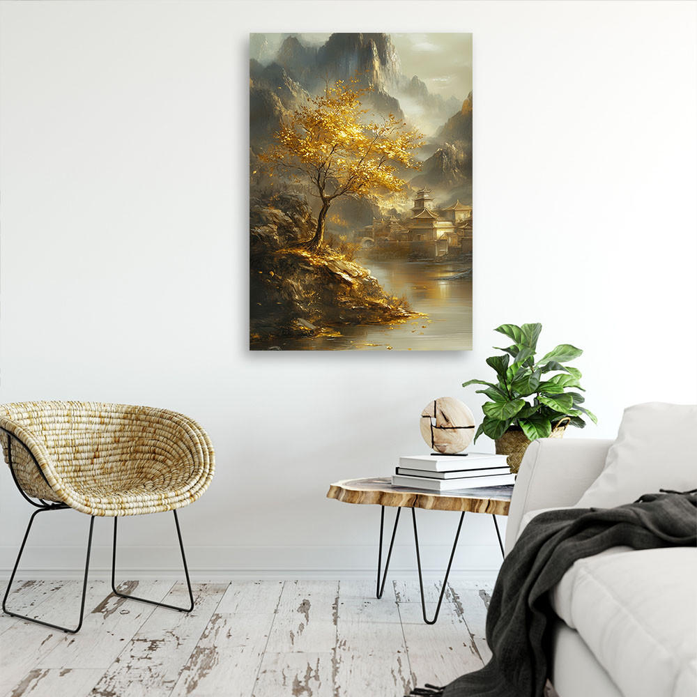 LEINWANDBILD Landschaftsberg Goldener Baum 70x100cm - Goldfarben, Textil (70/100cm) - Feeby