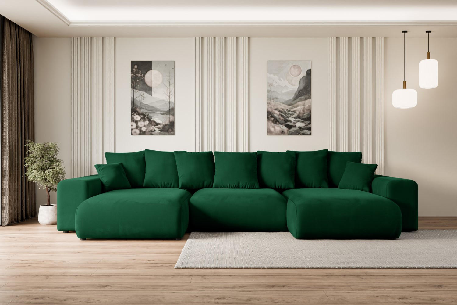 WOHNLANDSCHAFT mit Schlaffunktion und Bettkasten ESKAR-U -352x165x84cm Grün Velours - Schwarz/Grün, Holzwerkstoff/Kunststoff (352/84/165cm) - ALTDECOR