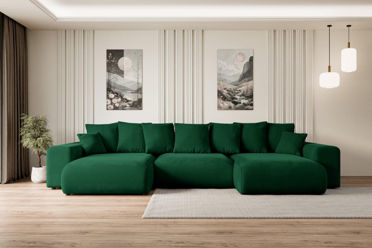 WOHNLANDSCHAFT mit Schlaffunktion und Bettkasten ESKAR-U -352x165x84cm Grün Velours - Schwarz/Grün, Holzwerkstoff/Kunststoff (352/84/165cm) - ALTDECOR