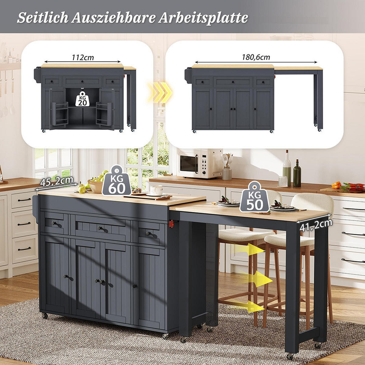 KÜCHENINSEL auf Rollen, mit Gewürzregal und Schubladen Ideal für Küche und Esszimmer ,Grau - Grau, Holz (45.2/92/137cm) - KOMHTOM
