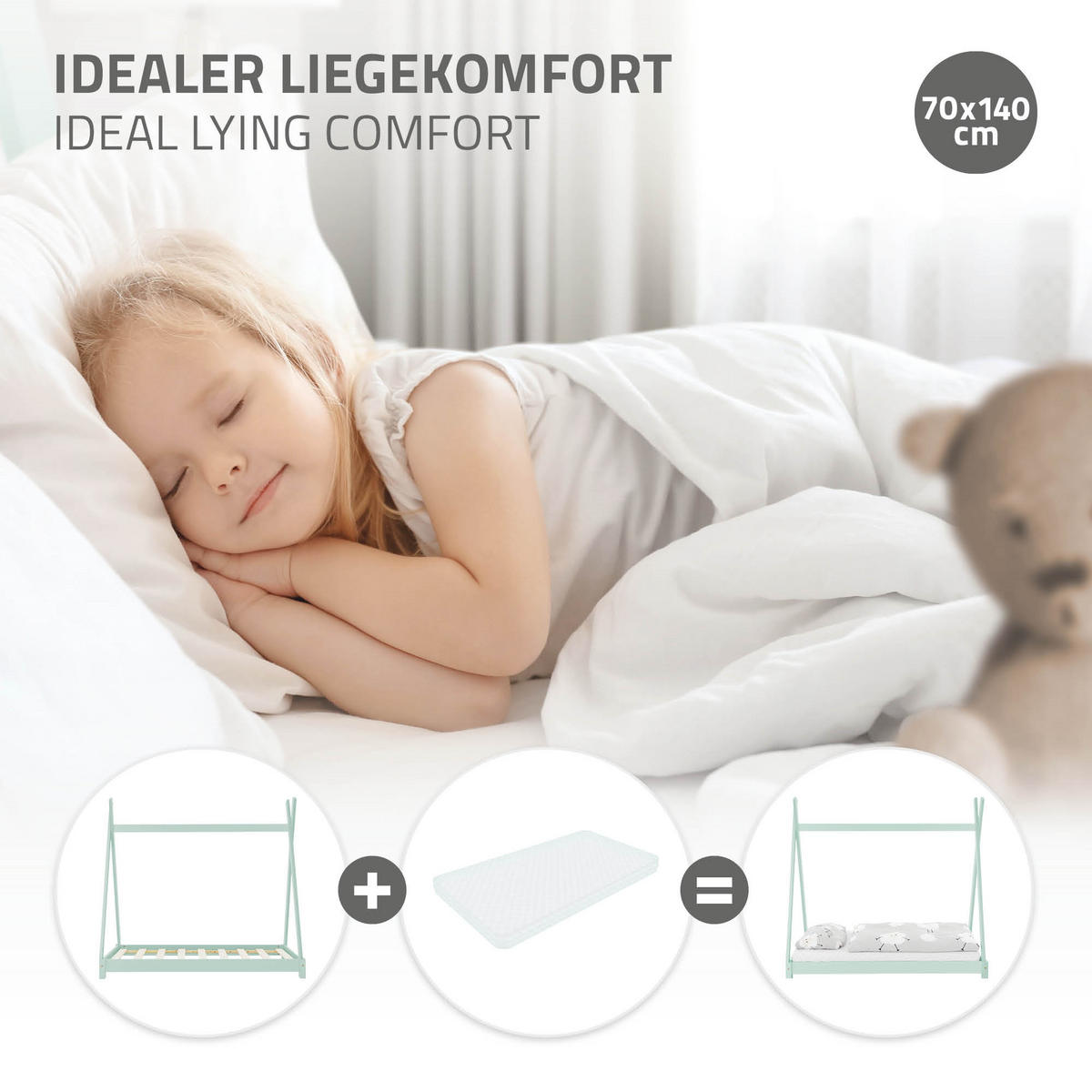 KINDERBETT Tipi 70x140 cm Mint - Grün, Holz (77.5/137/147.5cm) - ML-DESIGN