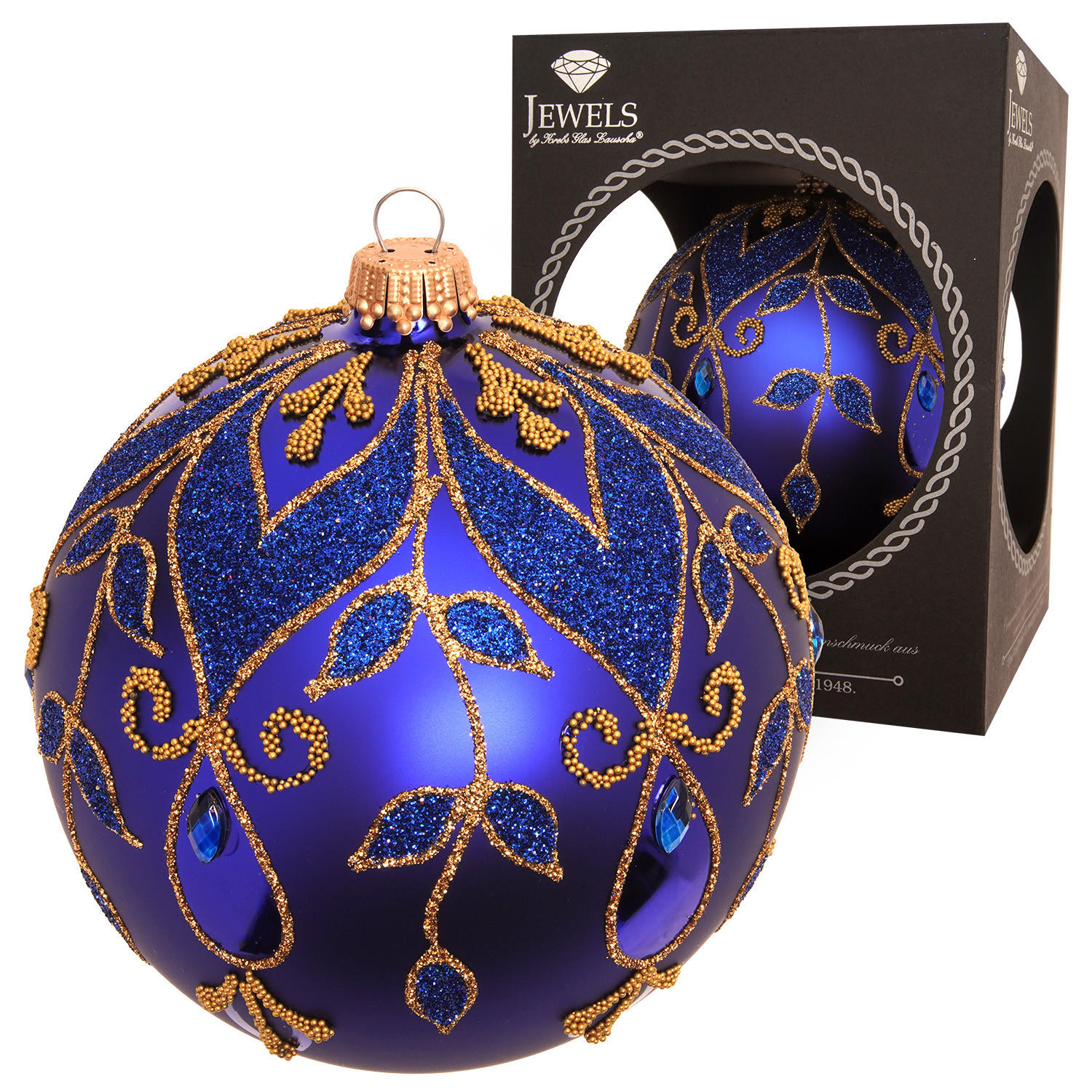 CHRISTBAUMKUGEL Strassdesign Blätterranken Blau 10cm (Glas / 1 Stk.) - Blau, Glas (10/10/10cm) - Krebs Glas Lauscha