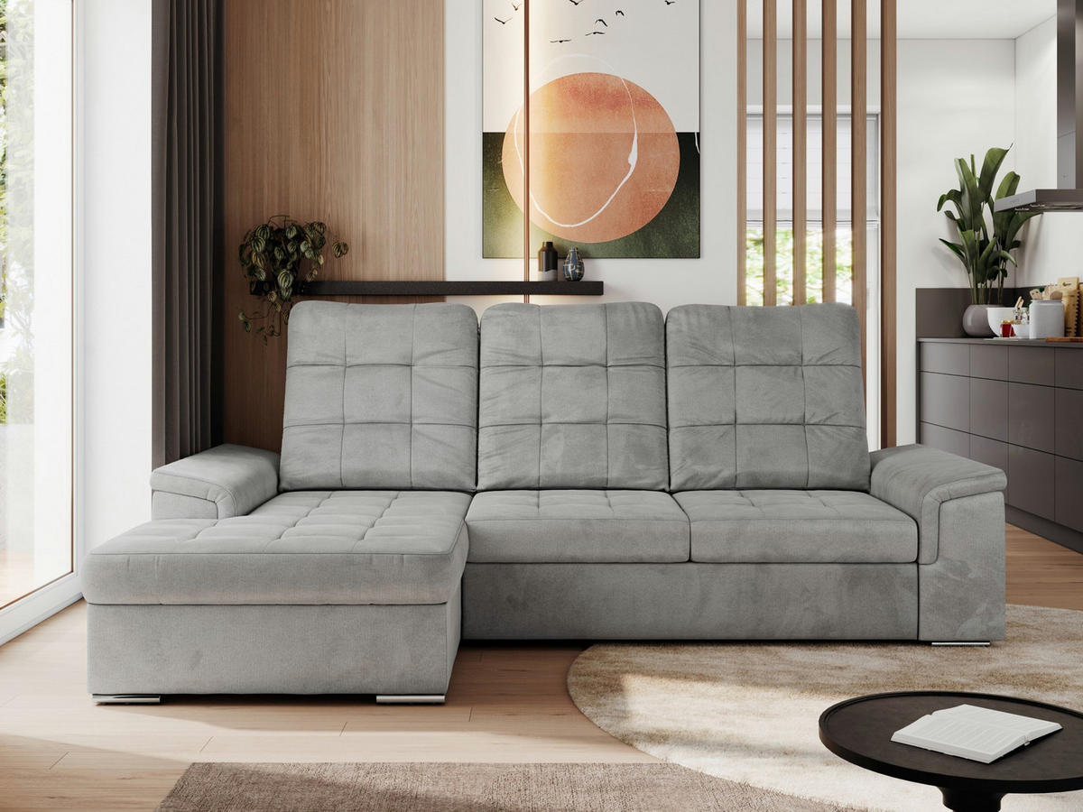 ECKSOFA MADRITO L - Hellgrau Velorus - Links - Silberfarben/Hellgrau, Textil/Metall (160/256cm)