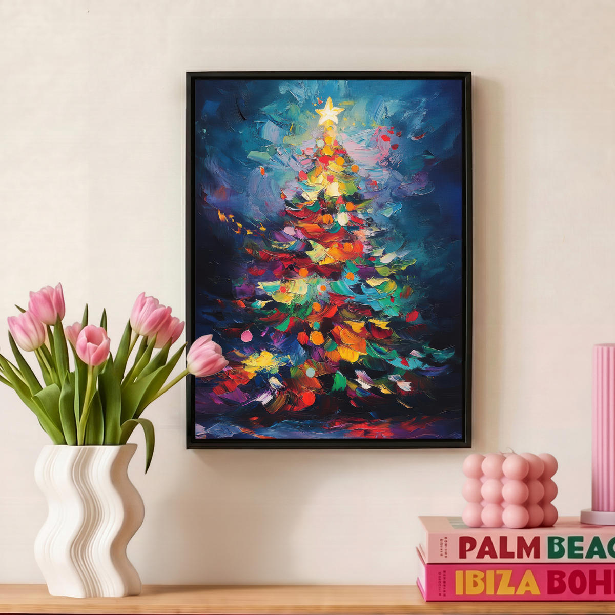 LEINWAND Bilder mit Rahmen - Weihnachtsbaum - Weihnachten - Abstrakt - Farbenfroh - 30x40 - Multicolor, Textil (30/40cm) - MuchoWow