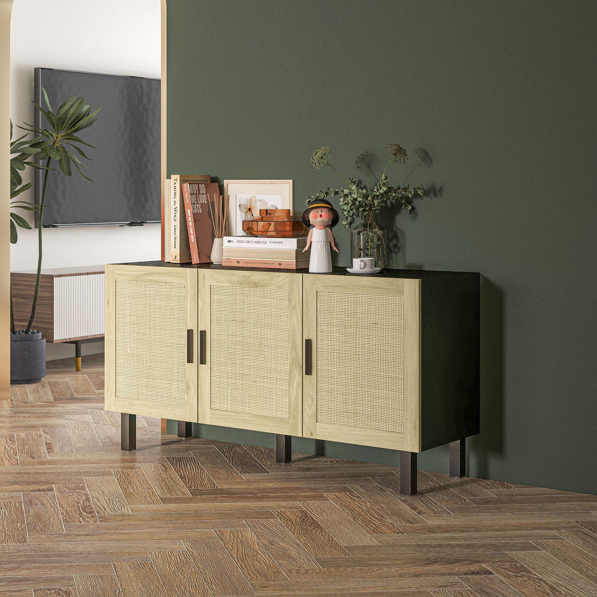 SIDEBOARD DE-11149 3 Korb-Türen Schwarz/Naturholz - Schwarz, Holzwerkstoff (136/70/41cm) - ComfortXL