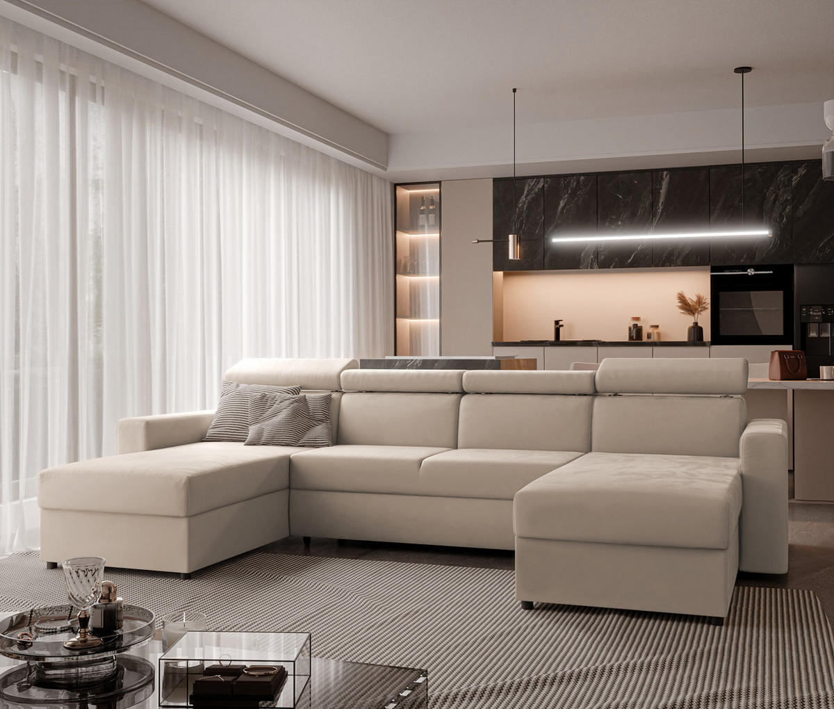 WOHNLANDSCHAFT BENI U II mit verstellbaren Kopfstützen und Schlaffunktion, Farbe: Beige - Beige/Schwarz, Kunststoff/Textil (302/60/166cm) - Idohome