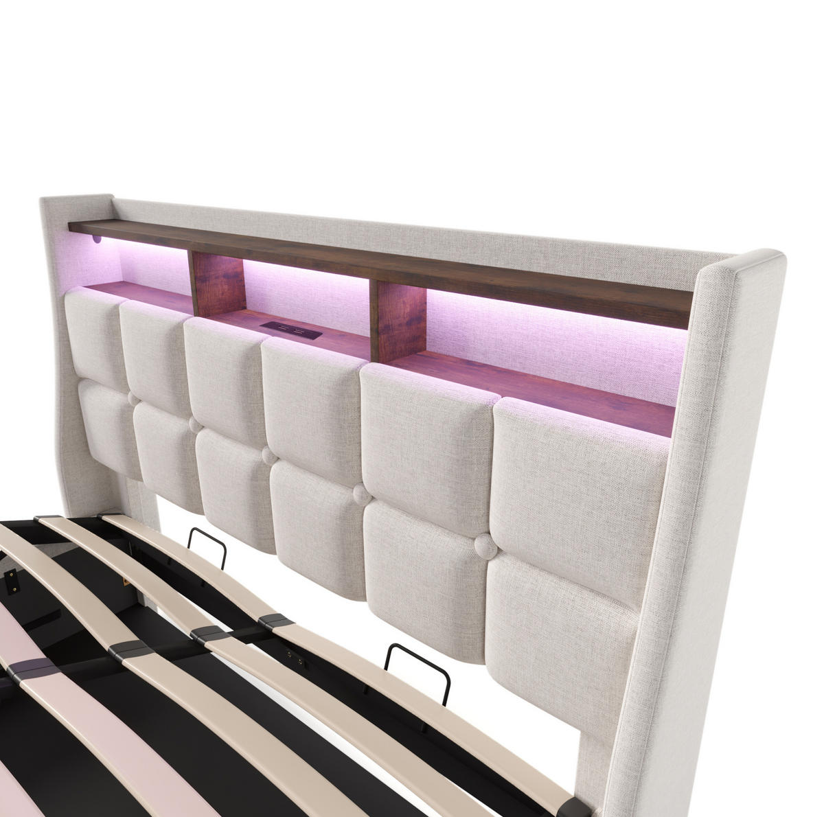 OBLAZINJENA postelja 160/200 cm z LED osvetlitvijo, USB priključkom, prostorom za shranjevanje in vzmetnico, Svetlo bež - bež, tekstil (160/160cm) - Redom