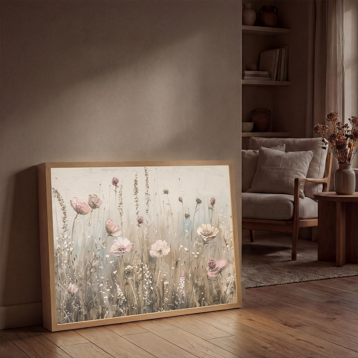 NÁSTĚNNÁ LAMPA S AKUMULÁTOREM Květiny - růžová - moderní - béžová 100x70 cm - starorůžová, kompozitní dřevo (100/70/8cm) - OnlyWow