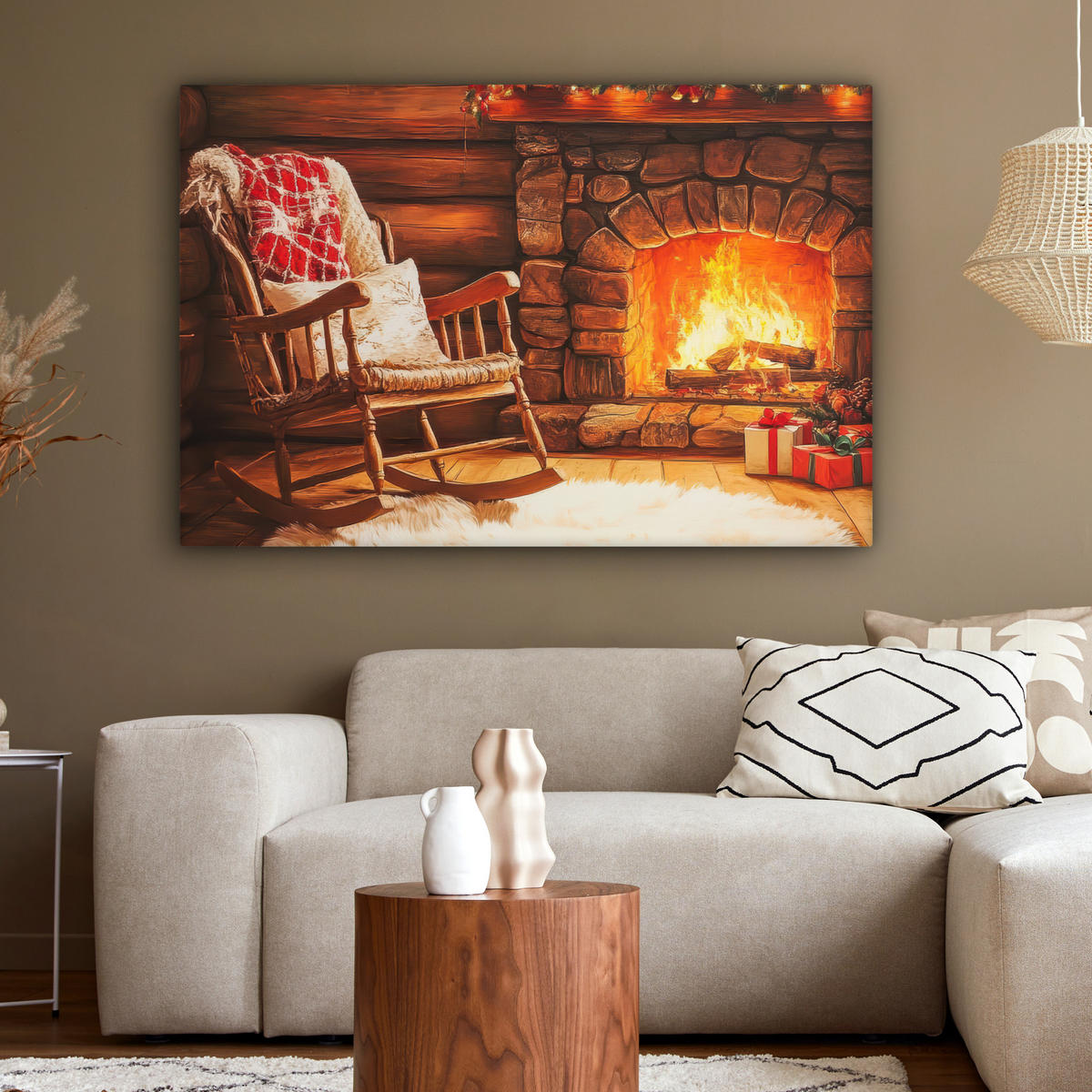 LEINWANDBILD Winter - Weihnachten - Zuhause - Kamin XXL 150x100 cm - Bernsteinfarben, Textil (150/100cm) - MuchoWow