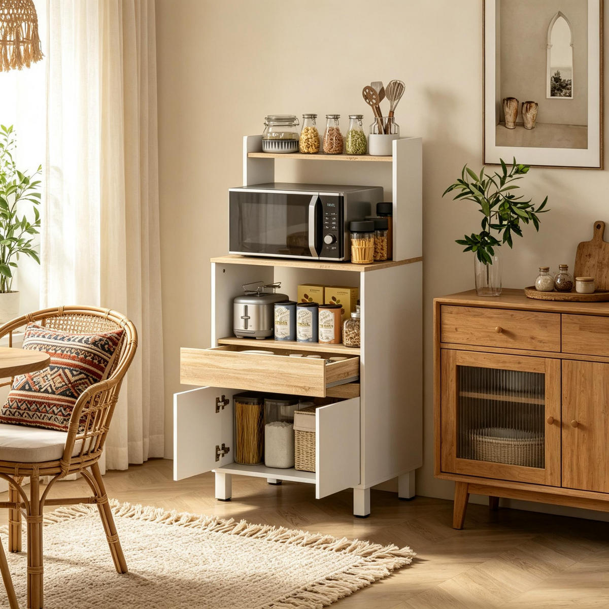 BUFFET DE-38820 60/40/131 cm Mikrowellenfach und Schublade Weiß - Weiß, Holzwerkstoff (60/131/40cm) - ComfortXL
