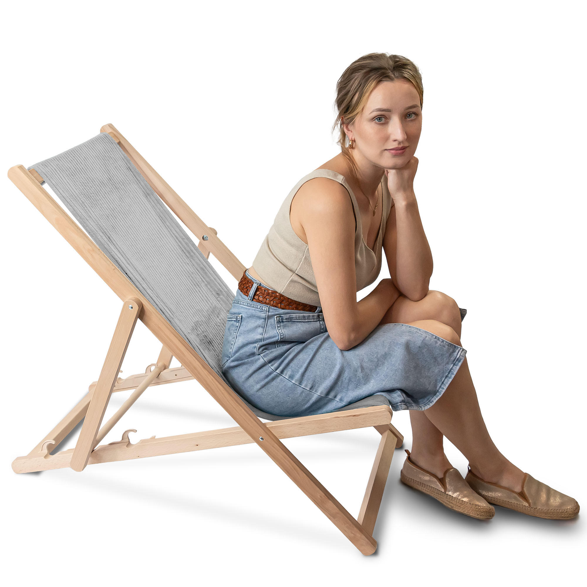 HOLZLIEGESTUHL klappbar Buchenholz Cord-Gewebe Cool Gray M - Hellgrau, Holz/Textil (54/85/92cm) - Dreamroots