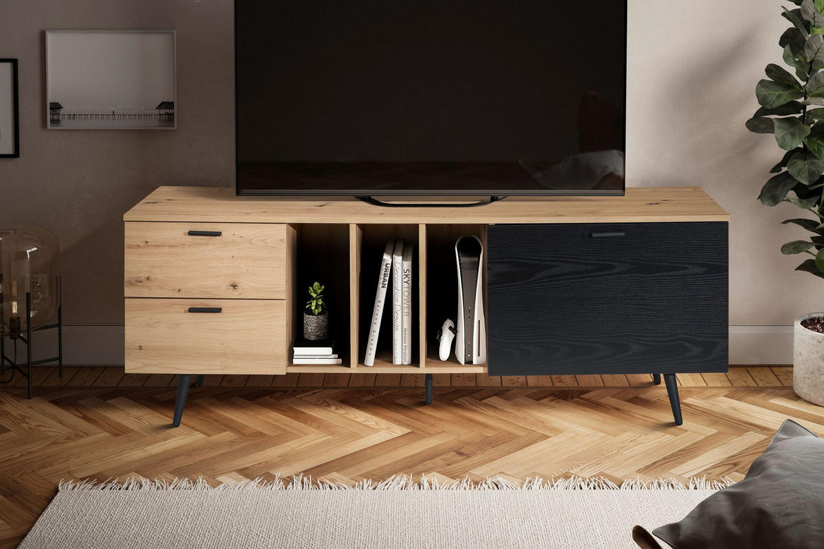 TV-LOWBOARD mit Eiche-Dekor, Tür und Schubladen, kompakte Aufteilung, Braun-Schwarz 150x40x55 cm - Schwarz/Braun, Holzwerkstoff/Metall (150/55/40cm) - KADIMA DESIGN