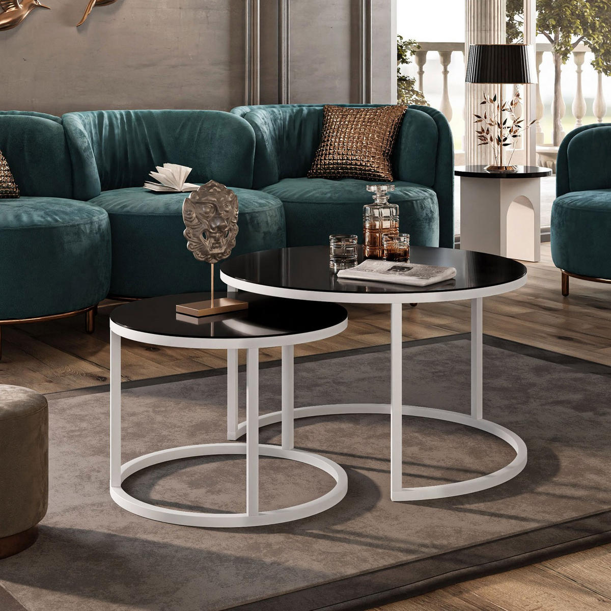 COUCHTISCH 2-in-1 CIRI GLASS mit schwarzer und weißer Struktur - Weiß, Holzwerkstoff (70/70/47cm) - Lookway
