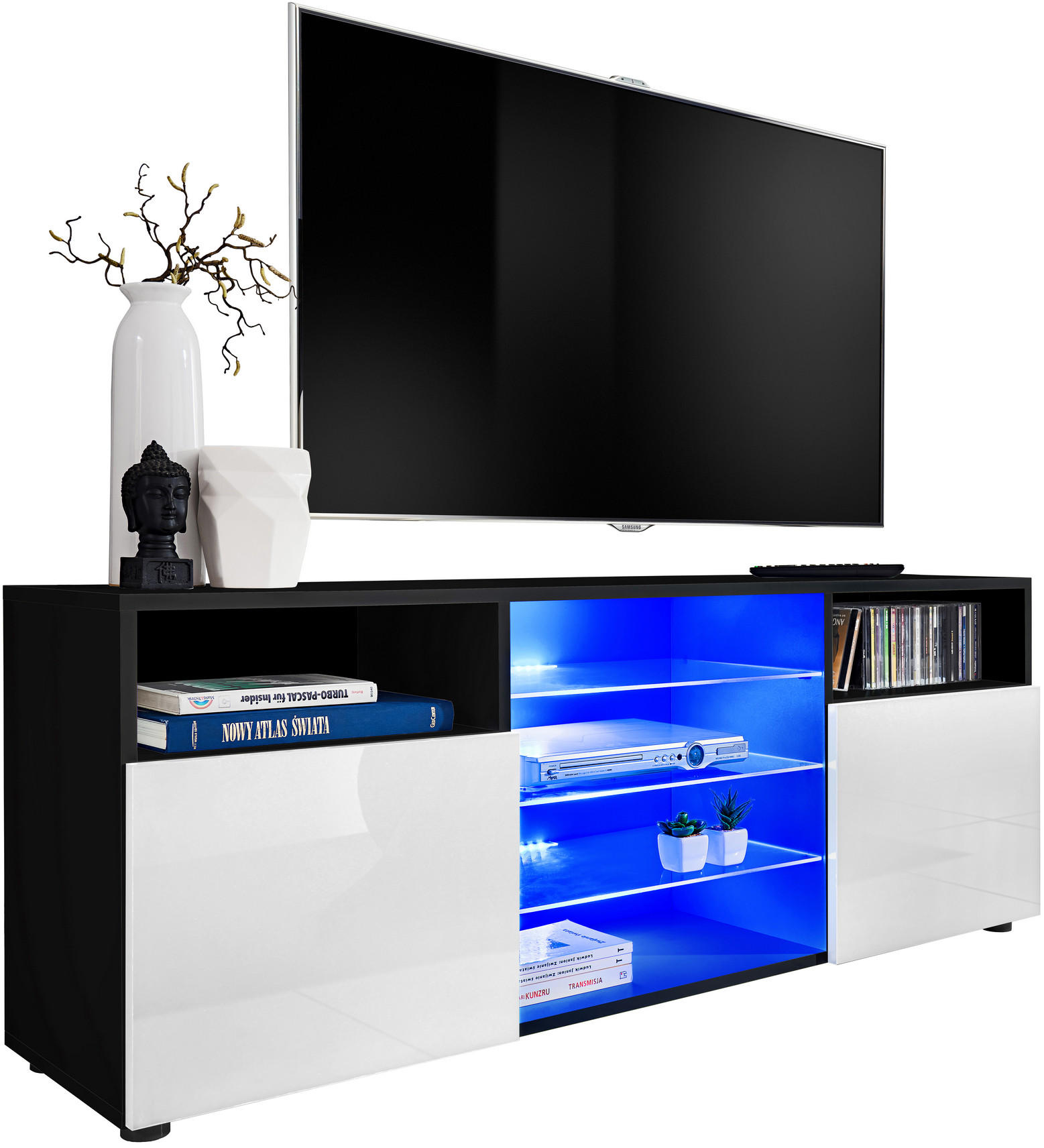SIDEBOARD TV URBINO Black, Blau LED Beleuchtung - Schwarz/Weiß, Glas/Holzwerkstoff (140/53/35cm) - Komodee