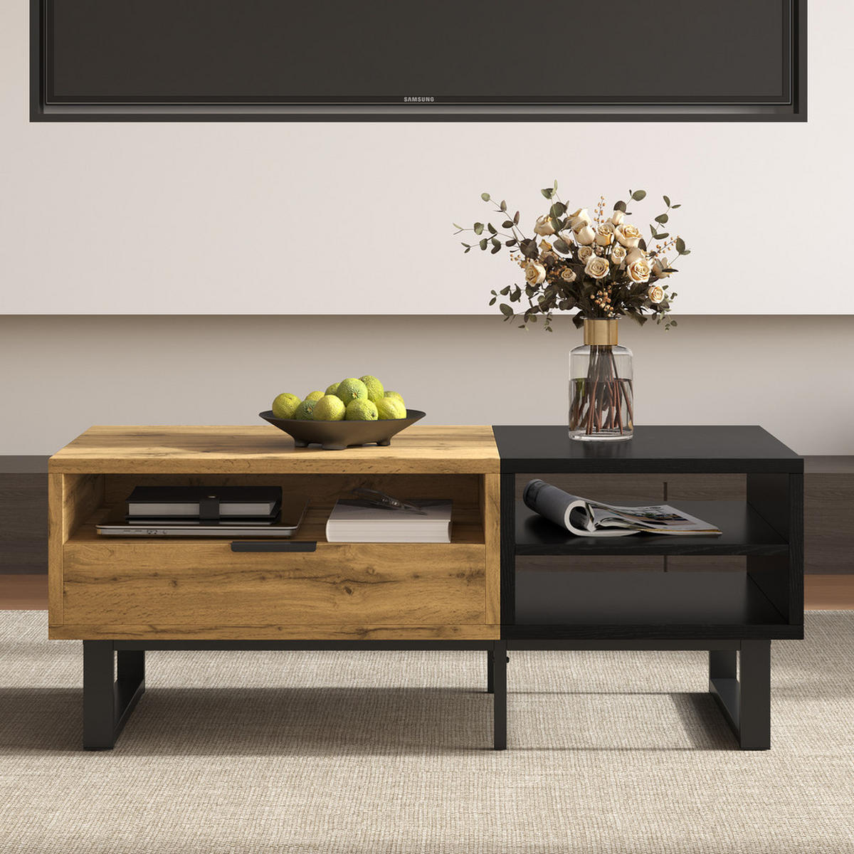 COUCHTISCH Farbblockstruktur Fächer Schubladen Metallbeine Modern - Braun, Holz (76.84/59.69/19.69cm) - FLIEKS