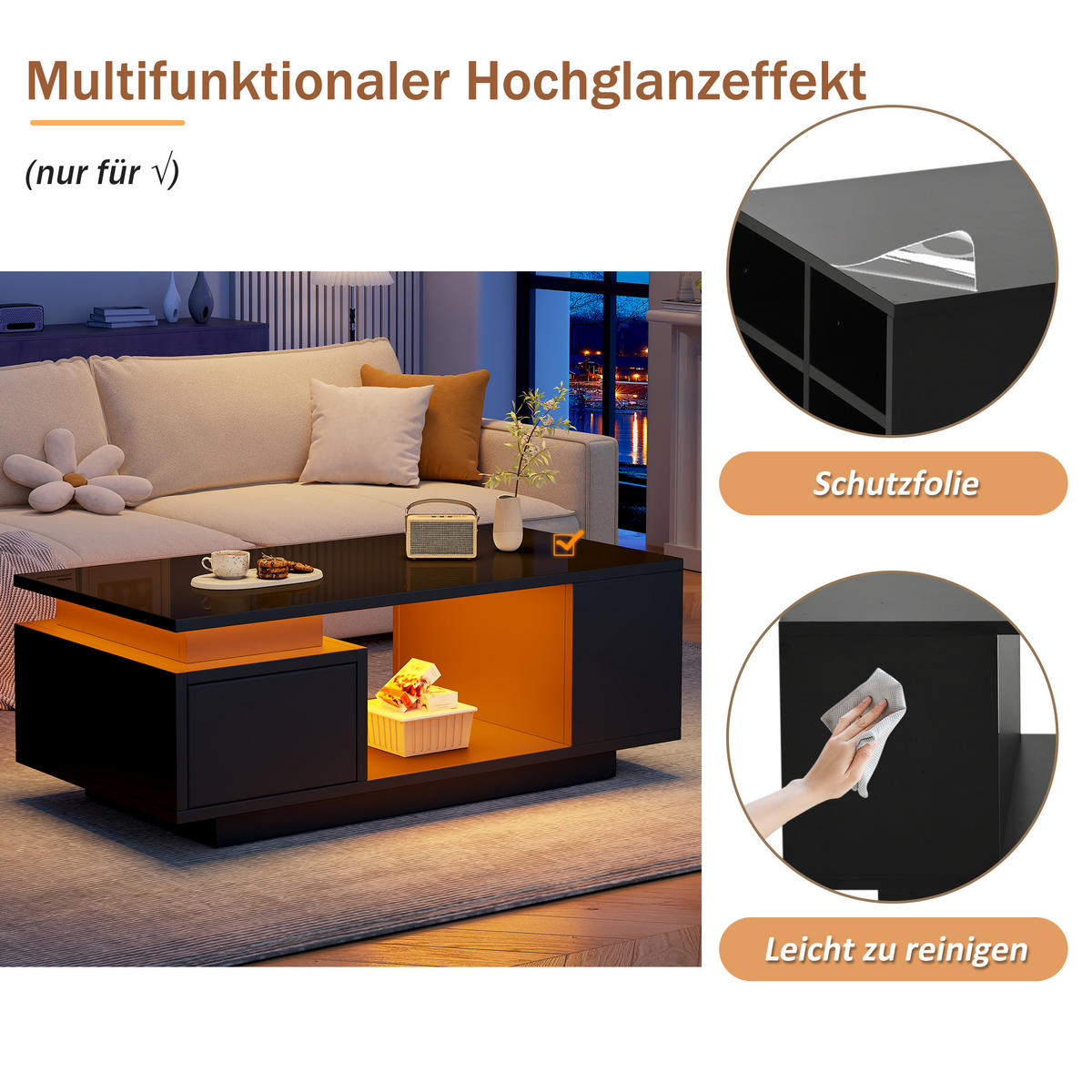 COUCHTISCH in Schwarz Kaffeetisch mit Schublade,LED & 4 Ablagefächern,Hochglanz Sofatisch für Wohnzimmer, B100/T50/H36cm - Schwarz, Holzwerkstoff (50/100/36cm) - STILVORA