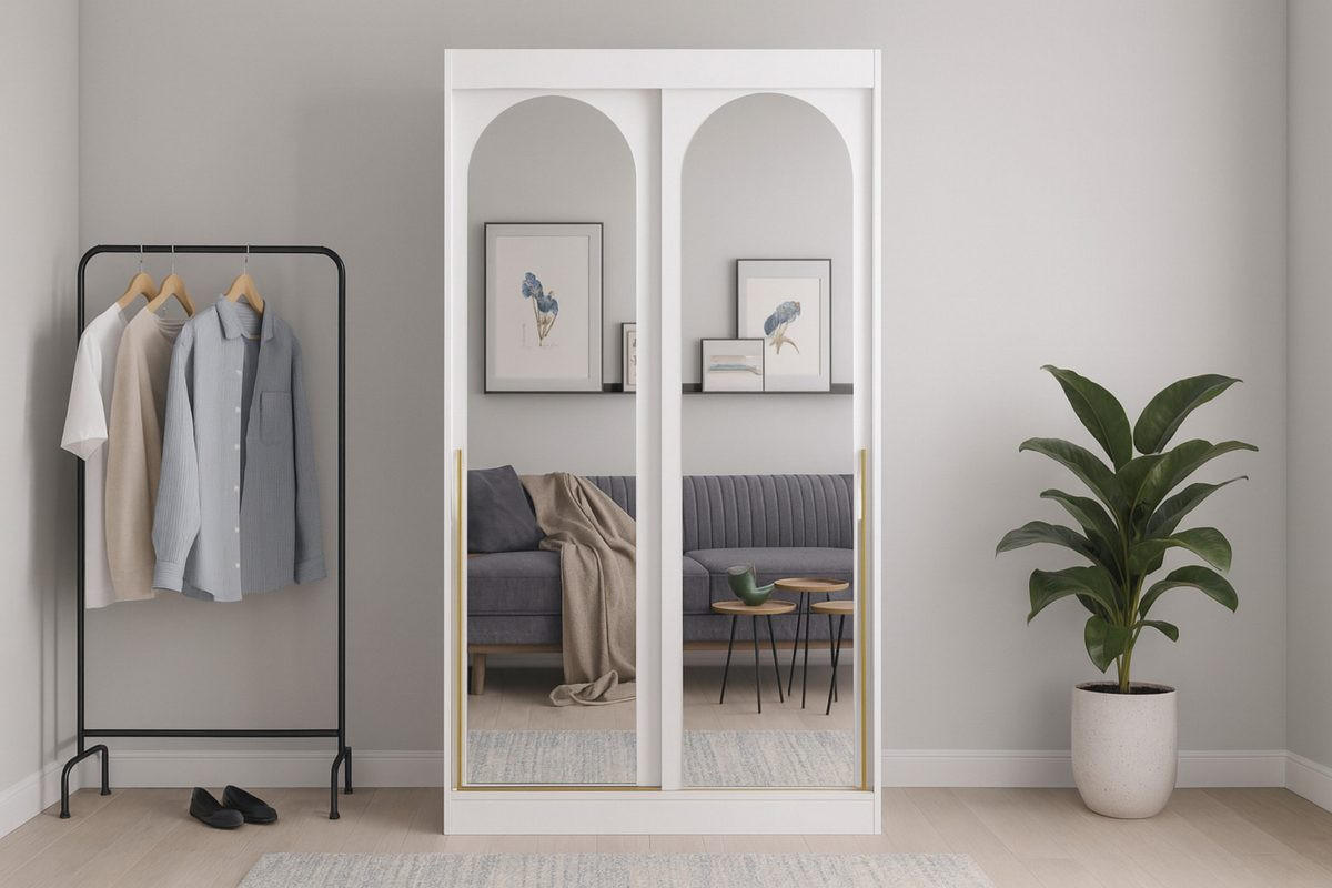 SCHIEBETÜRENSCHRANK MOSSA 120 / 215 / 65 cm in Weiß / Gold - Goldfarben/Weiß, Holzwerkstoff (120/215/65cm) - Deine Möbel 24
