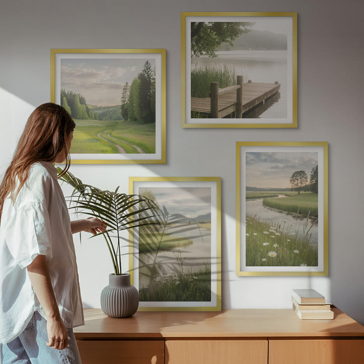 BILDER SET 4er Set - 50x50 cm & 40x60 cm Goldrahmen - Sommerlandschaften Flusswiese - Goldfarben, Kunststoff (50/50cm) - TULUP