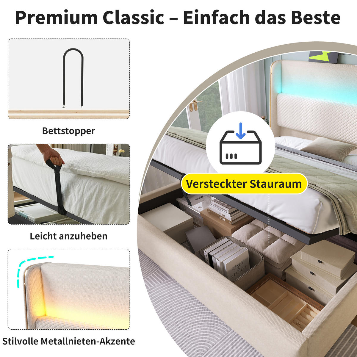 POLSTERBETT 140/200 cm mit LED-Beleuchtung, USB/Type-C, hydraulischem Bettkasten und Leinenbezug und Matratze, Beige - Beige, Textil (140/200cm) - Redom