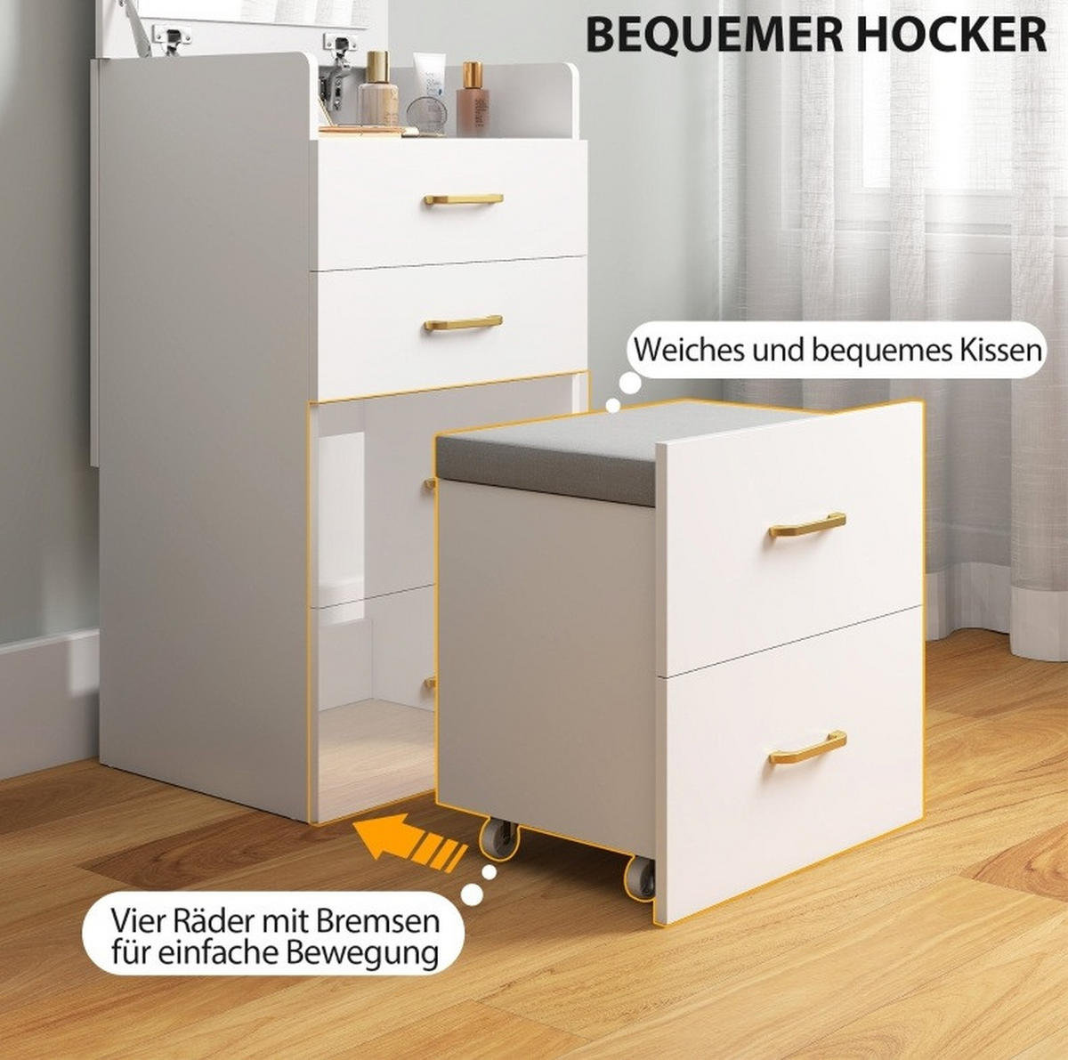 SCHMINKTISCH aus Holz 40x48x90 cm Weiß mit Spiegel, 3-in-1-Funktion, Schubladen und Rollhocker - Weiß, Holzwerkstoff (48/90/40cm) - Modfu