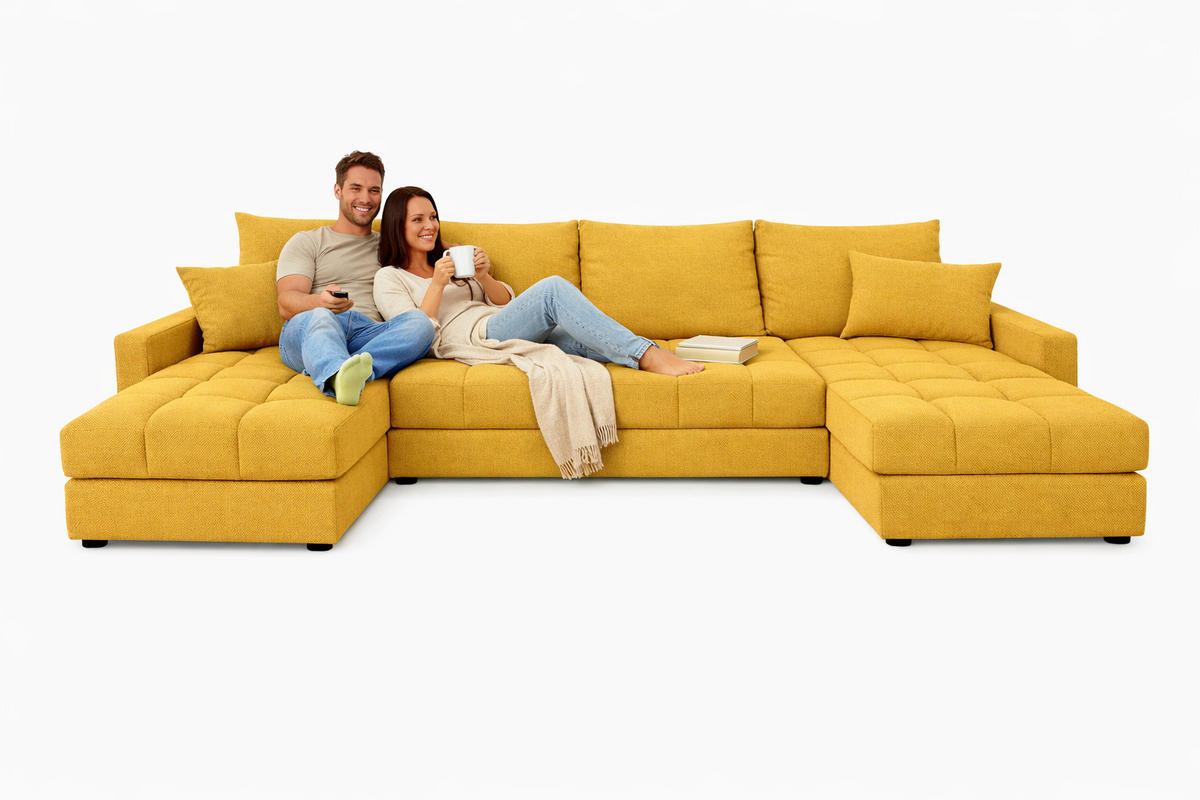 WOHNLANDSCHAFT AURELIA – Ecksofa in U-Form mit Schlaffunktion, Bettkasten & Kissen Stoff KRONOS 287 cm Gelb - Gelb, Kunststoff (287/140cm) - Wohnideebilder