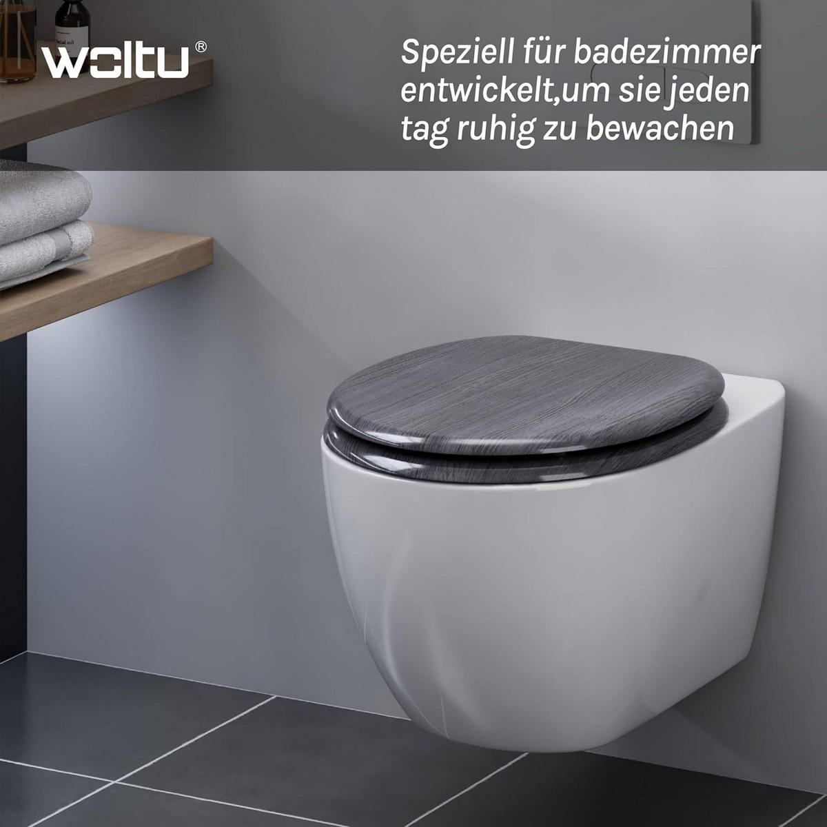 WC SITZ mit Absenkautomatik, MDF Holzkern, Antibakteriell - Grau, Holzwerkstoff (37/2.5/43cm) - Woltu