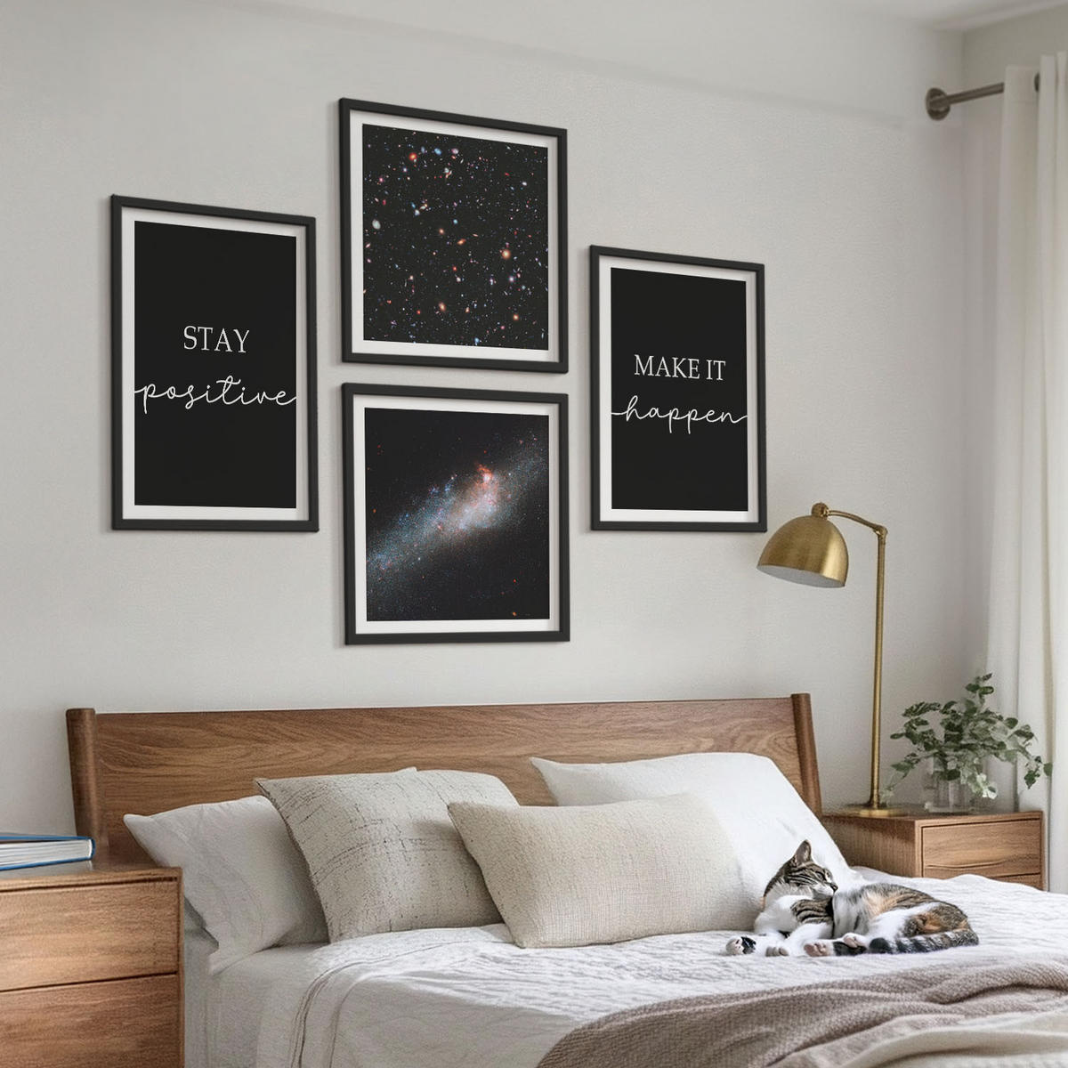 BILDER SET 4er Set - 50x50 cm & 40x60 cm Schwarzer Rahmen - Motivationsslogans Sterne Weltraum - Schwarz, Kunststoff (50/50cm) - TULUP