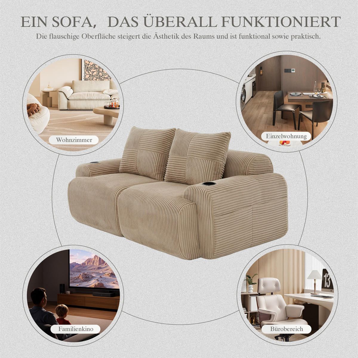 2-SITZER Sofa Cord mit Getränkehalter und Seitentasche 200/99/80 cm Sandfarben - Sandfarben, Textil (99/80/200cm) - Redom